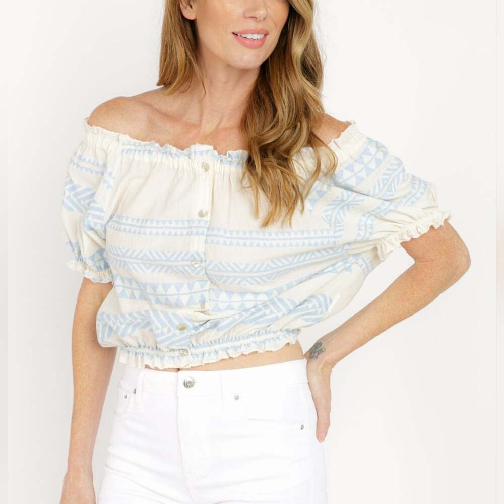 Sofia Collections Off Shoulder Jacquard Cotton Top Size XS to M Light Blue
